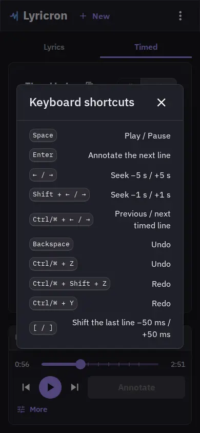 Keyboard shortcuts reference open on mobile