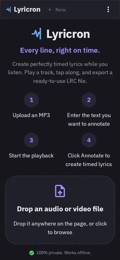 Lyricron's upload screen on mobile, with a dropzone for an audio or video file