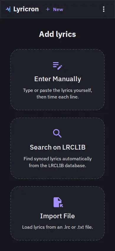The three ways to add lyrics: enter manually, search LRCLIB, or import a file