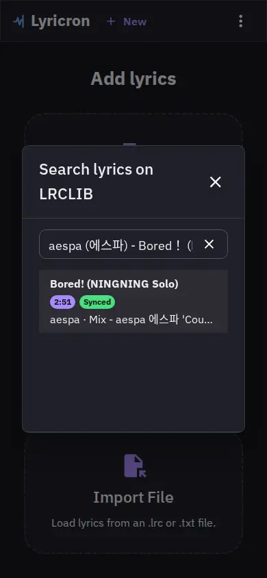 LRCLIB search results showing a matched track with duration and sync status