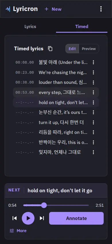 Mobile editor mid-annotation, with the Annotate button active for the next line